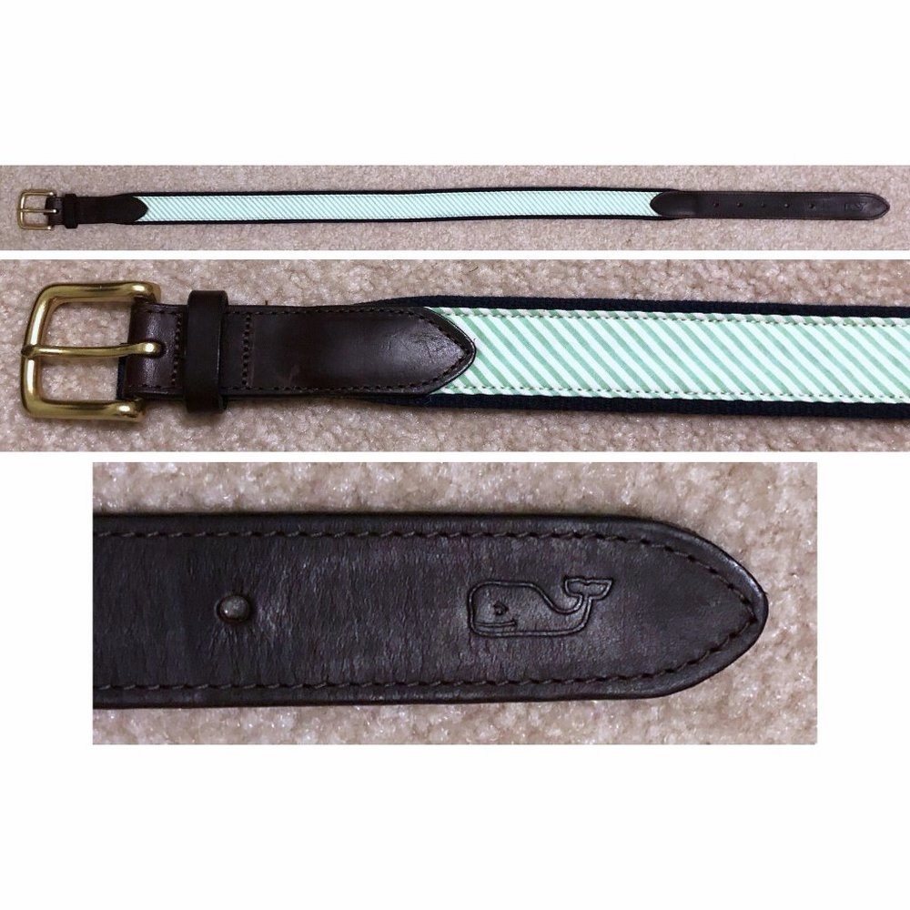 Vineyard Vines Leather Canvas Club Belt Green White Striped Gold Buckle Logo 30